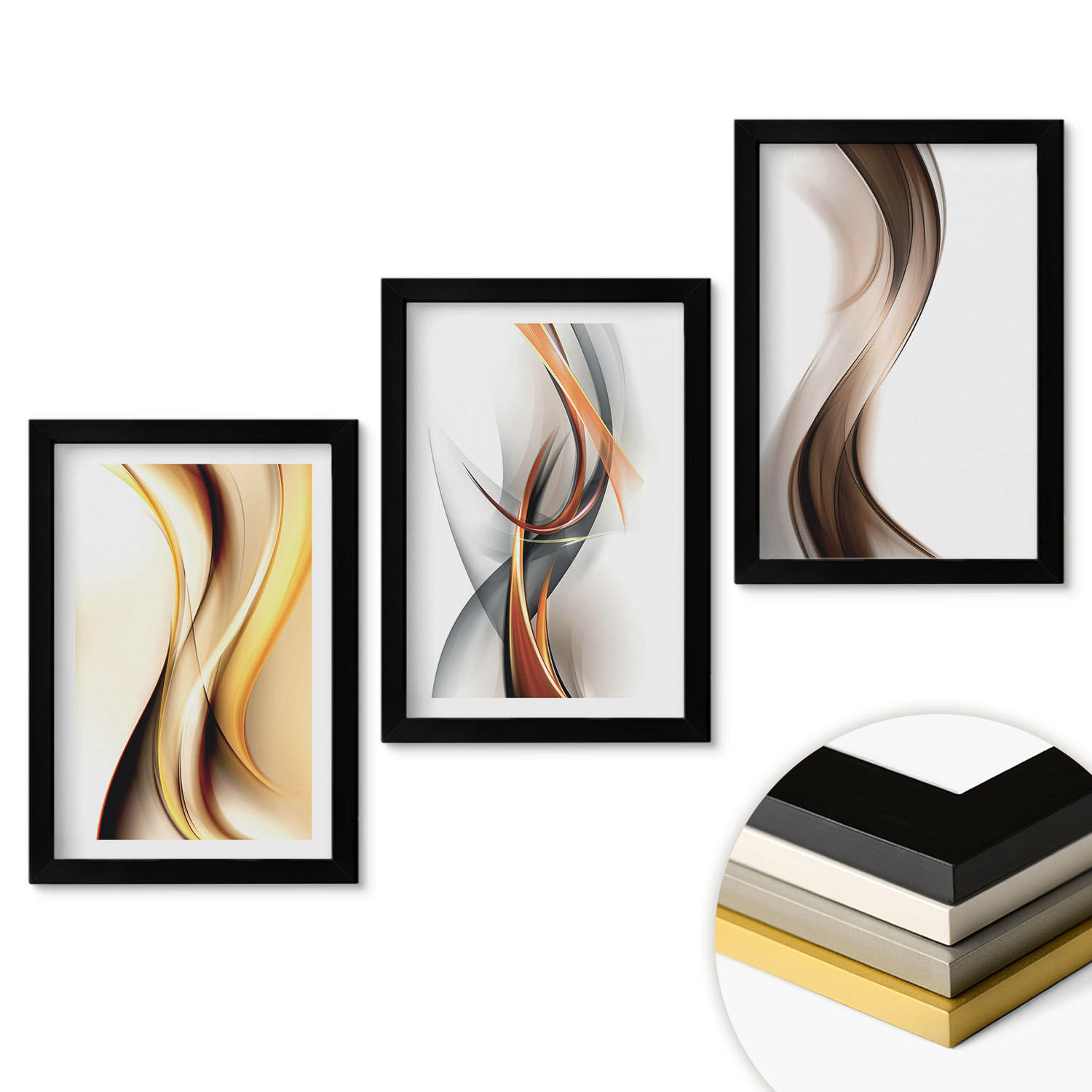 WANDBILDER 3er-Set - 20x30 cm Schwarzer Rahmen - Gelbgrau-braune Wellen - Schwarz, Kunststoff (20/30cm) - ArtPrintCave