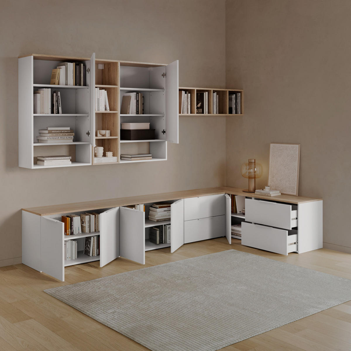 WOHNWAND Piave Weiß/Sonoma 5 Teile - Weiß/Sonoma Eiche, Holzwerkstoff (80/50/40cm) - Livinity®
