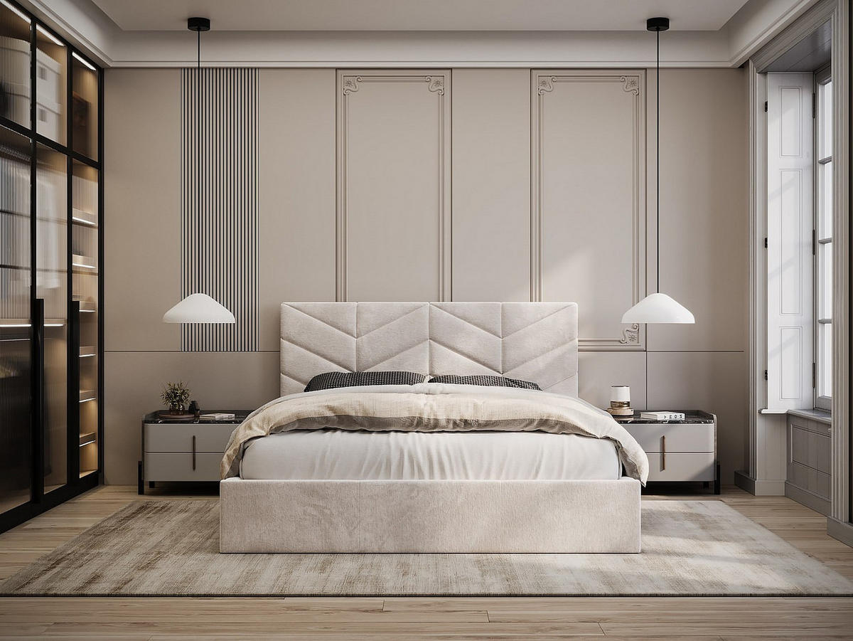BETT mit Bettkasten - 2 Personen - Stoff - Cremefarben - - Creme, Textil (180/200cm) - Vente-Unique