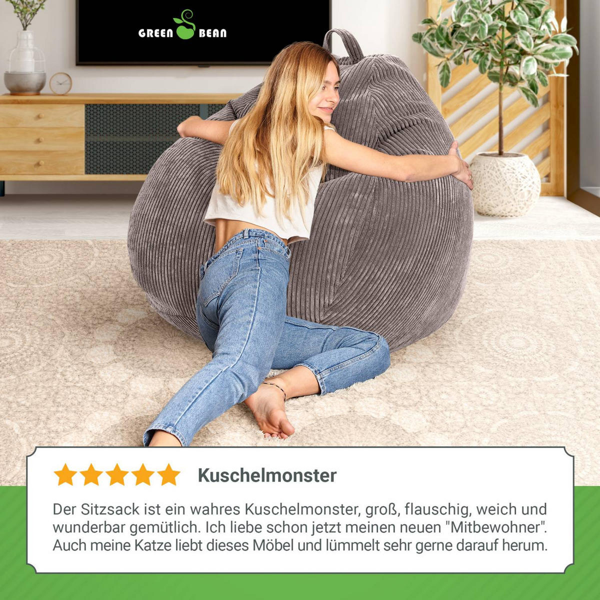 SITZSACK Indoor "Scoop" 90x110cm - Cord - Grau, Textil (90/110/90cm) - Green Bean