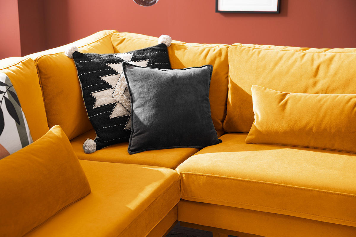 ECKSOFA mit Ottomane - Gelb/Buchefarben, Buchenholz/Textil (287/219cm) - home24