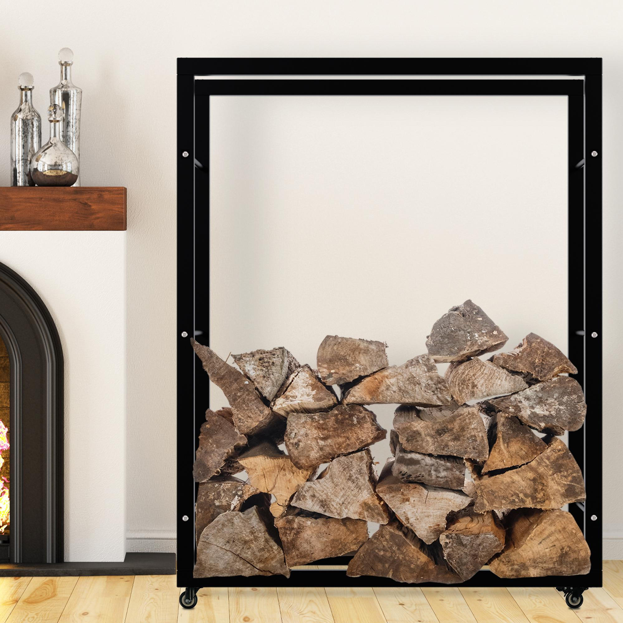 KAMINHOLZREGAL innen Metall SATLO Kaminholzständer mit Rollen Schwarz 25x100x125 cm - Schwarz, Metall (100/125/25cm) - DELUKE