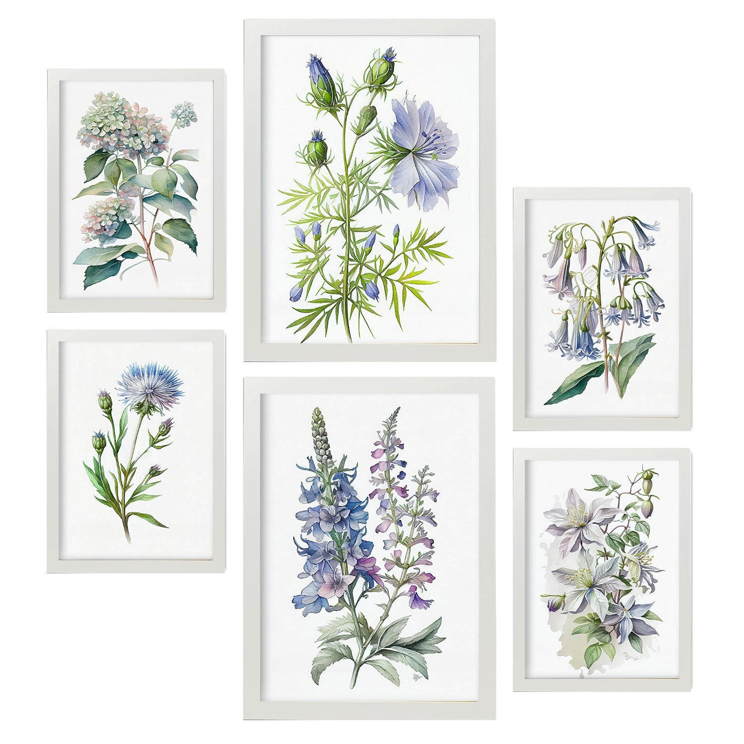 POSTER Set Mit 6 Blaue Blumen Vollfarbige Natur Und Botanikdrucke Mit Blumenmotiven Auf Reinweißen Hintergründen A3 & A4 Weißer Rahmen - Weiß, Papier (29/3cm) - Nacnic