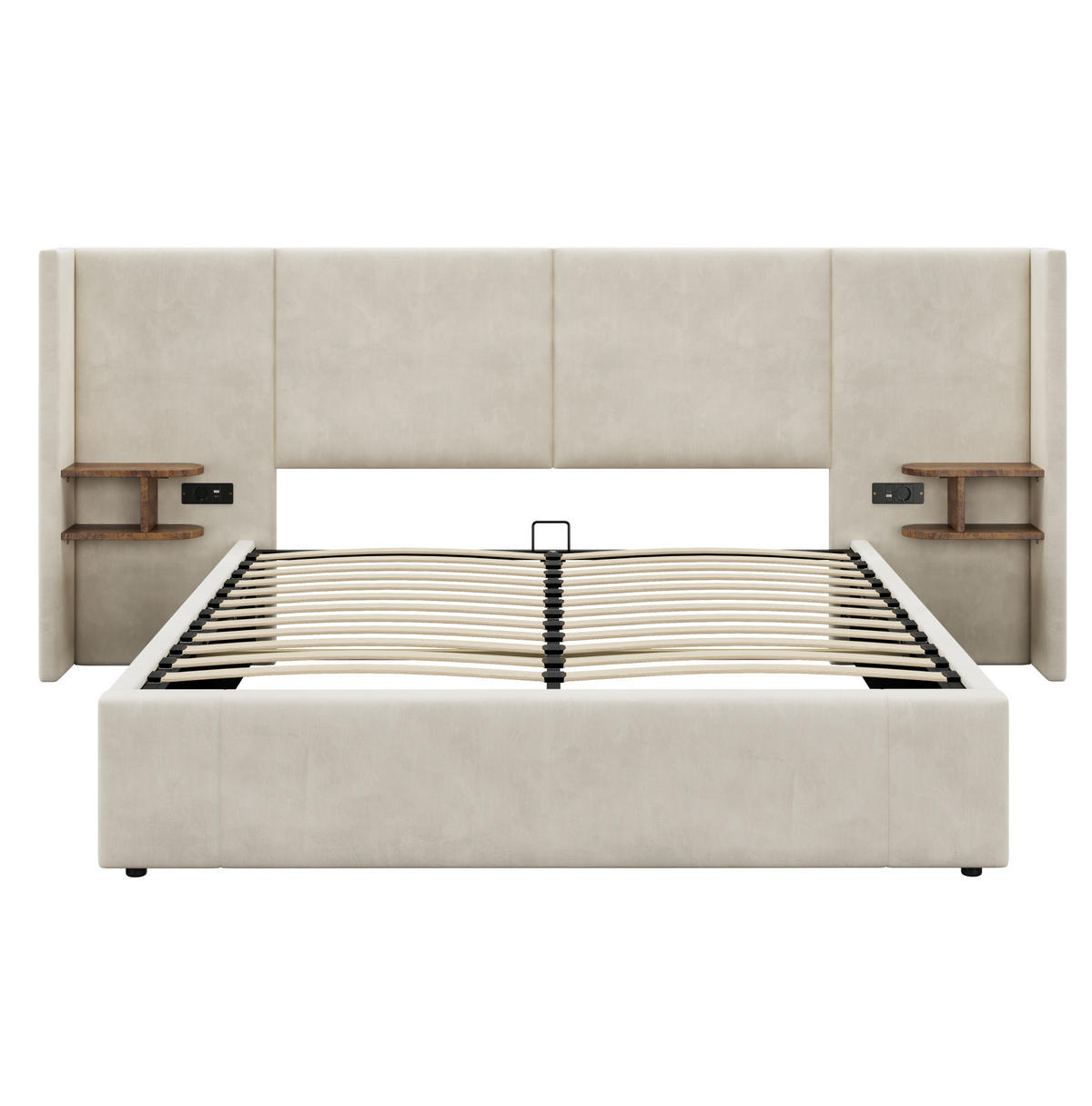 POLSTERBETT 160/200 cm mit USB-A, USB-C, Steckdosen, hydraulischem Stauraum und 2 Nachttischen aus Samt, Beige - Beige, Textil (160/200cm) - Redom