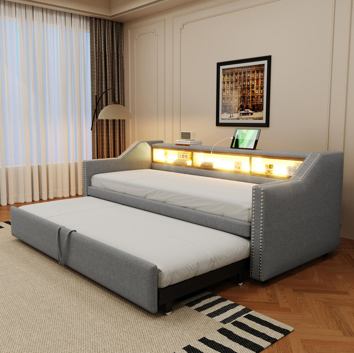 MULTIFUNKTIONSBETT 90/190 cm und 180/190 cm Hellgrau mit LED-Beleuchtung und USB-Anschluss Mit Matratze - Hellgrau, Textil (90/190cm) - OKWISH