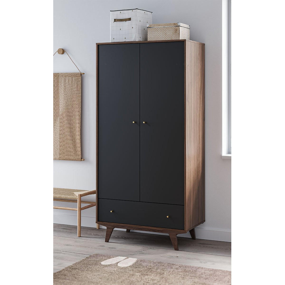 KLEIDERSCHRANK 2 Türen 1 Schublade Mid - H185 cm - Schwarz, Holzwerkstoff (50/185/90cm) - Calicosy