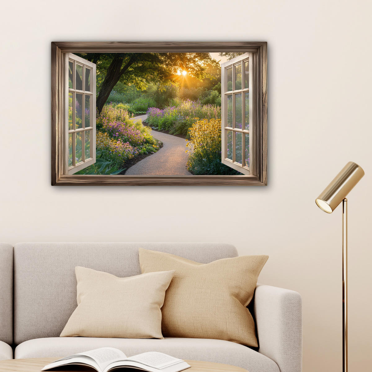 LEINWANDBILD Aussicht - Blumen - Natur - Sonne - Weg Gemälde 60x40 cm - Hellgelb, Textil (60/40cm) - MuchoWow