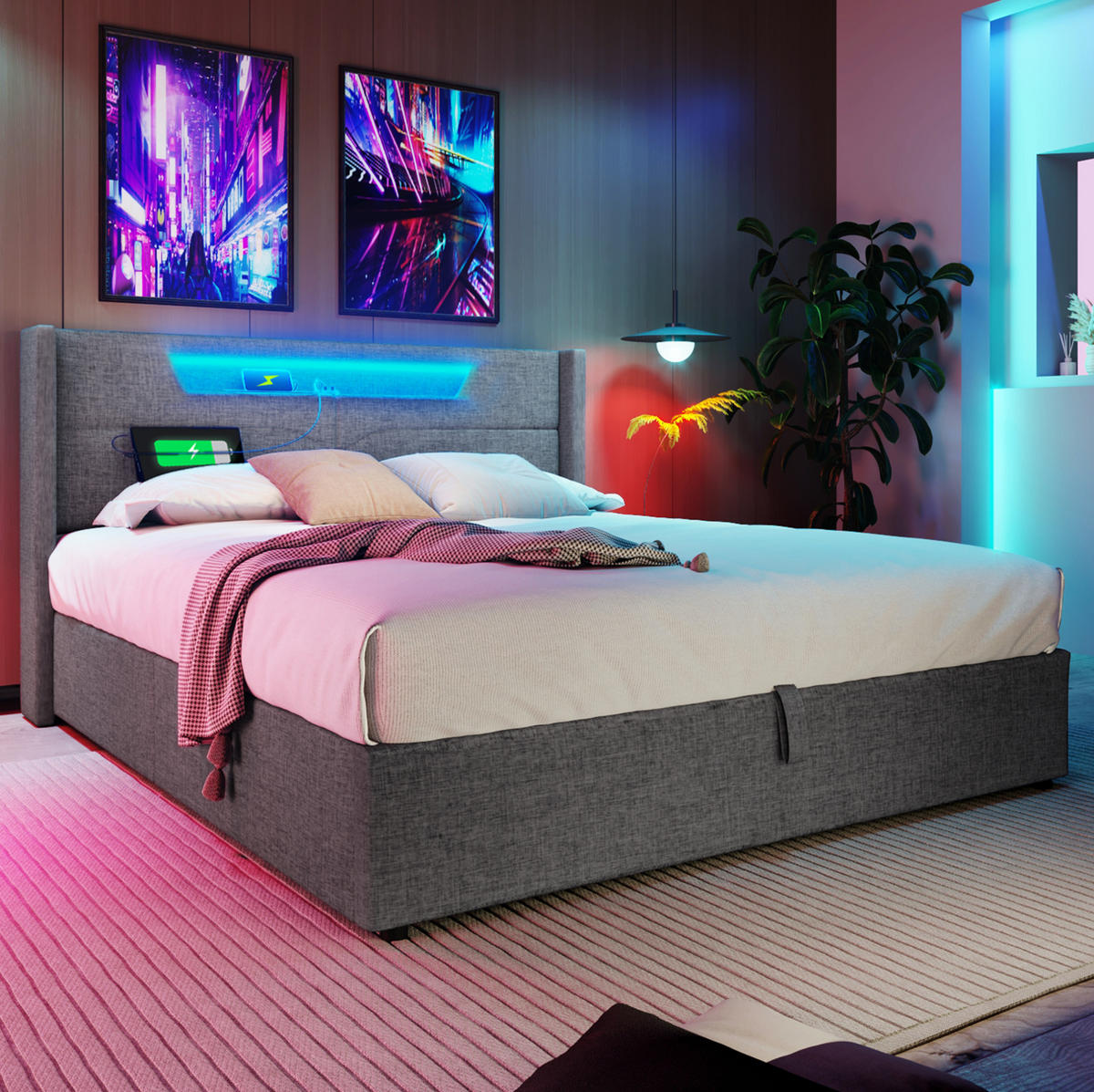 POLSTERBETT 90/200 cm aus Samt mit LED-Kopfteil USB Typ-C und Bettkasten Grau - Grau, Textil (90/200cm) - Modenvie