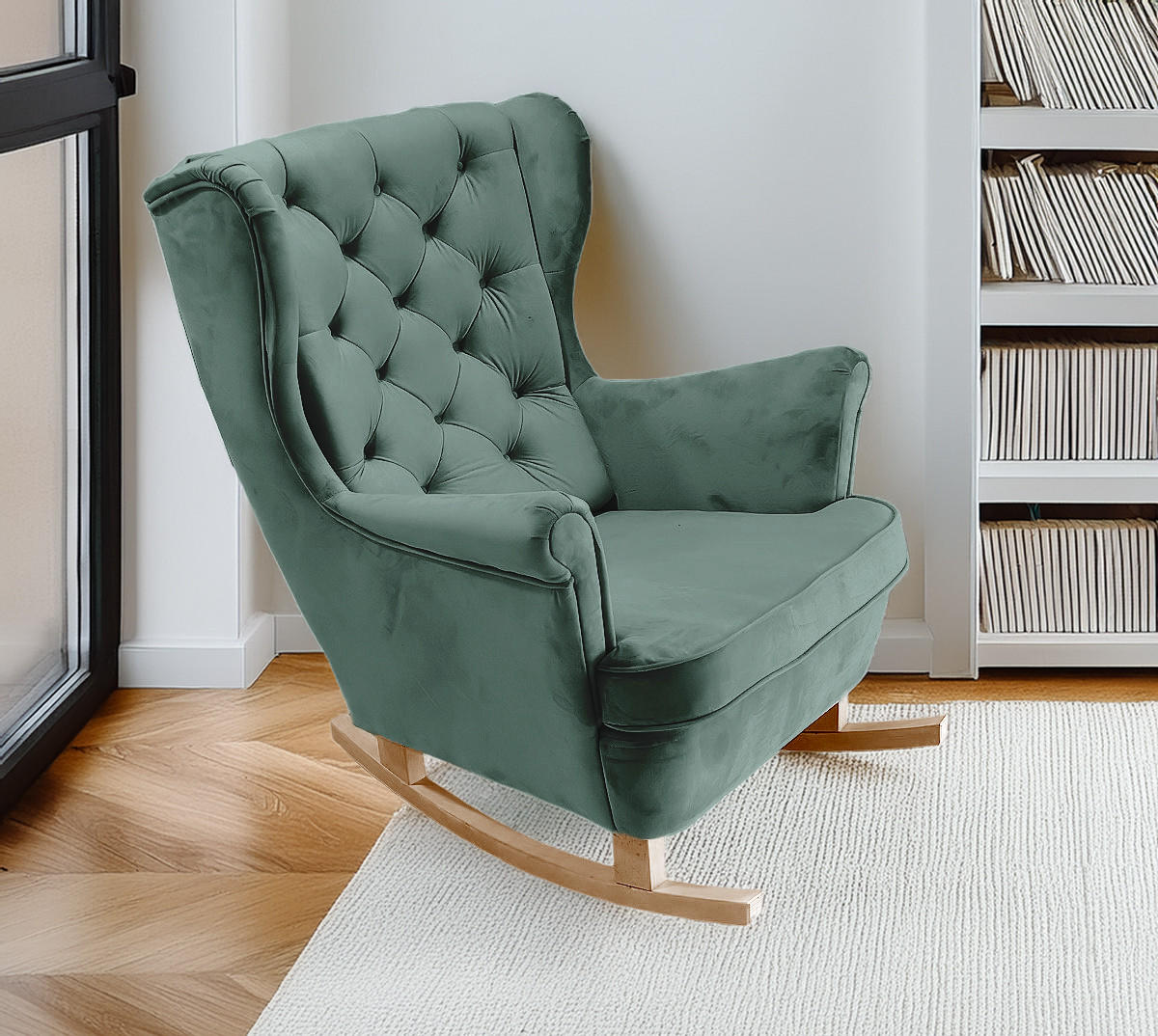 SCHAUKELSESSEL mit gepolstertem Sitz und Armlehnen, 102x81x95 cm, Grün_29853 - Smaragdgrün/Buchefarben, Holz/Textil (81/102/95cm) - DomoHome