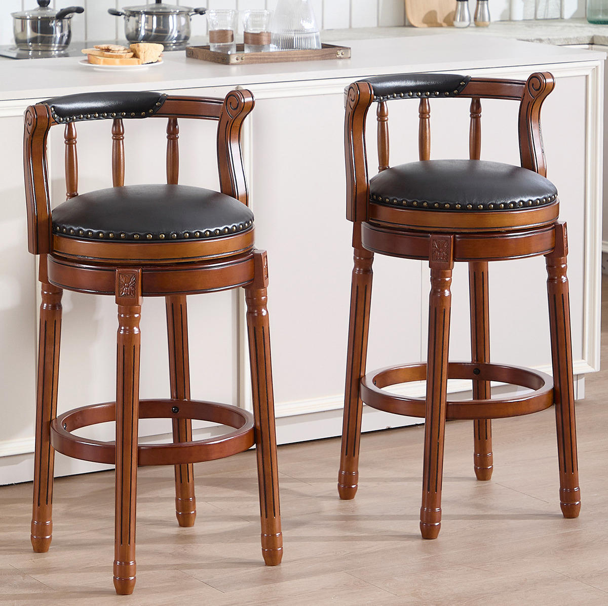 BARHOCKER drehbar mit Rückenlehne 75 cm Leder Holz Schwarz - Schwarz, Holz (54.8/96/54.81cm) - Meubliv