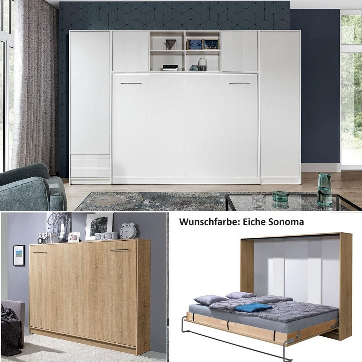 SCHRANKBETT Wandbett horizontal HB 140x200 mit 2 Schränken & Aufsatz - 4-teilig - Eiche Sonoma - Eichefarben, Holzwerkstoff (140/200cm) - QMM TraumMöbel