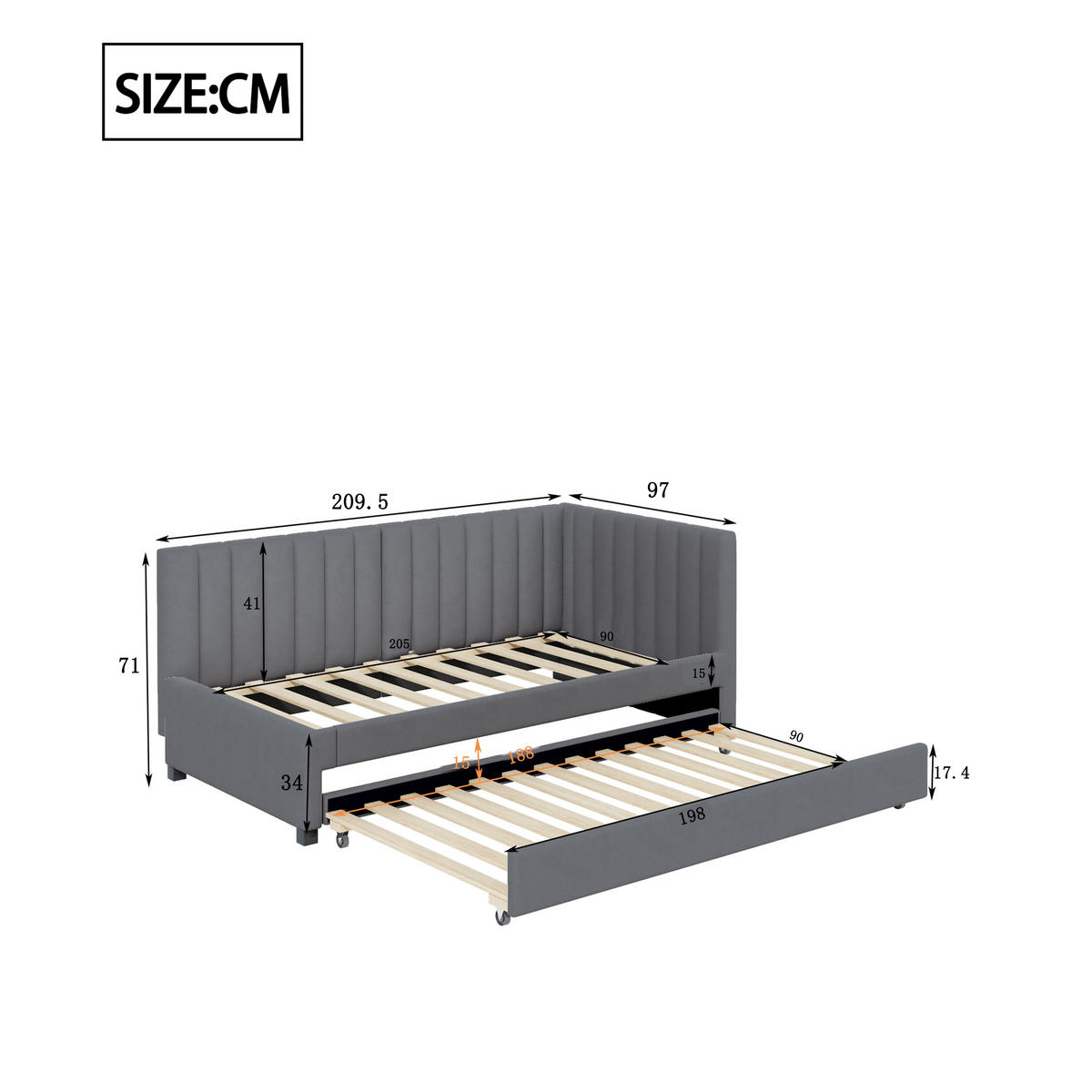 AUSZIEHBETT 90/200 cm Grau mit Lattenrost aus Samt mit ausziehbarem Unterbett - Grau, Textil (90/200cm) - OKWISH