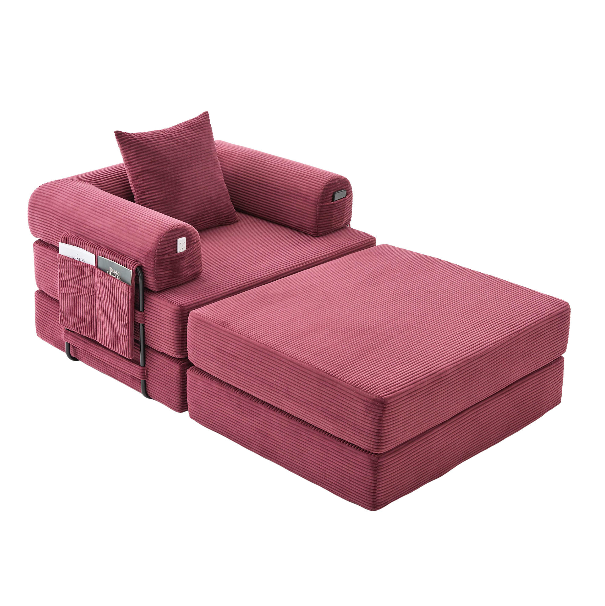 MODULARES Cordsofa 112/190/67 cm aus Cord mit Hocker und montagefreiem Komfort Weinrot - Weinrot, Textil (190/67/112cm) - Modenvie