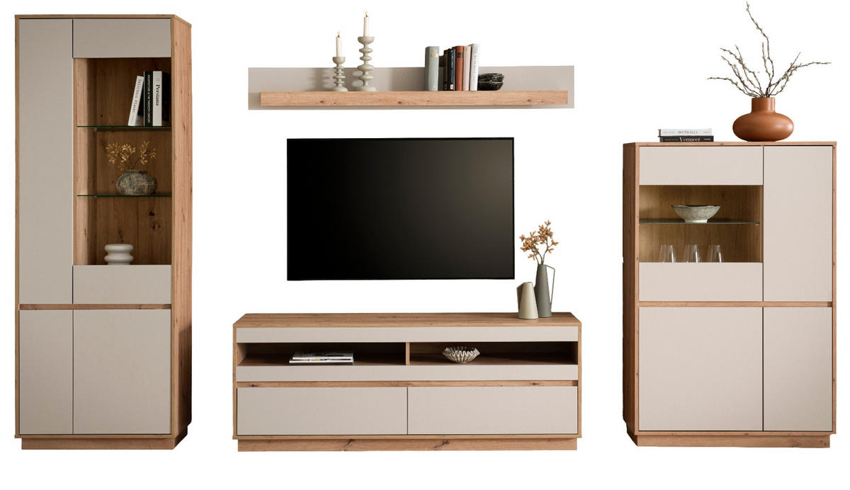 WOHNWAND Kaschmir, Artisan Eiche 4-teilig 342 cm, Schrankwand mit Soft-Close - Kaschmir/Eiche Artisan, Glas/Holzwerkstoff (342/205/45cm) - Furn.Design