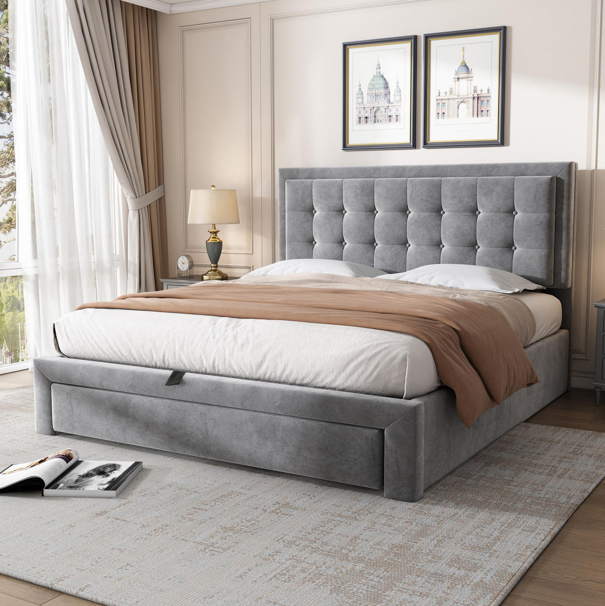 POLSTERBETT 140/200 cm Grau mit Stauraum aus Samt mit verstellbarem Kopfteil - Grau, Textil (140/200cm) - OKWISH