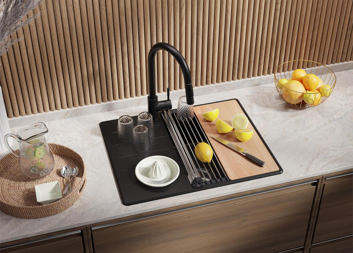 SPÜLBECKEN Kopenhagen, 2-er set Alles Schwarz 62/50 cm 1 Becken + Ablauf-Set + Schneidebrett ab 45er Unterschrank - Beige/Schwarz, Kunststoff (62/20/50cm) - Primagran