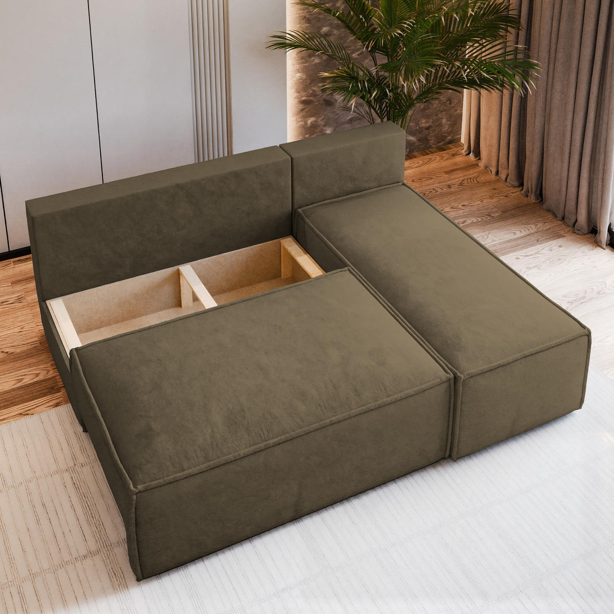 ECKSOFA BRISO M Beige Velours-Stoff mit Schlaffunktion - Beige, Holz (200/140cm) - MASSENO