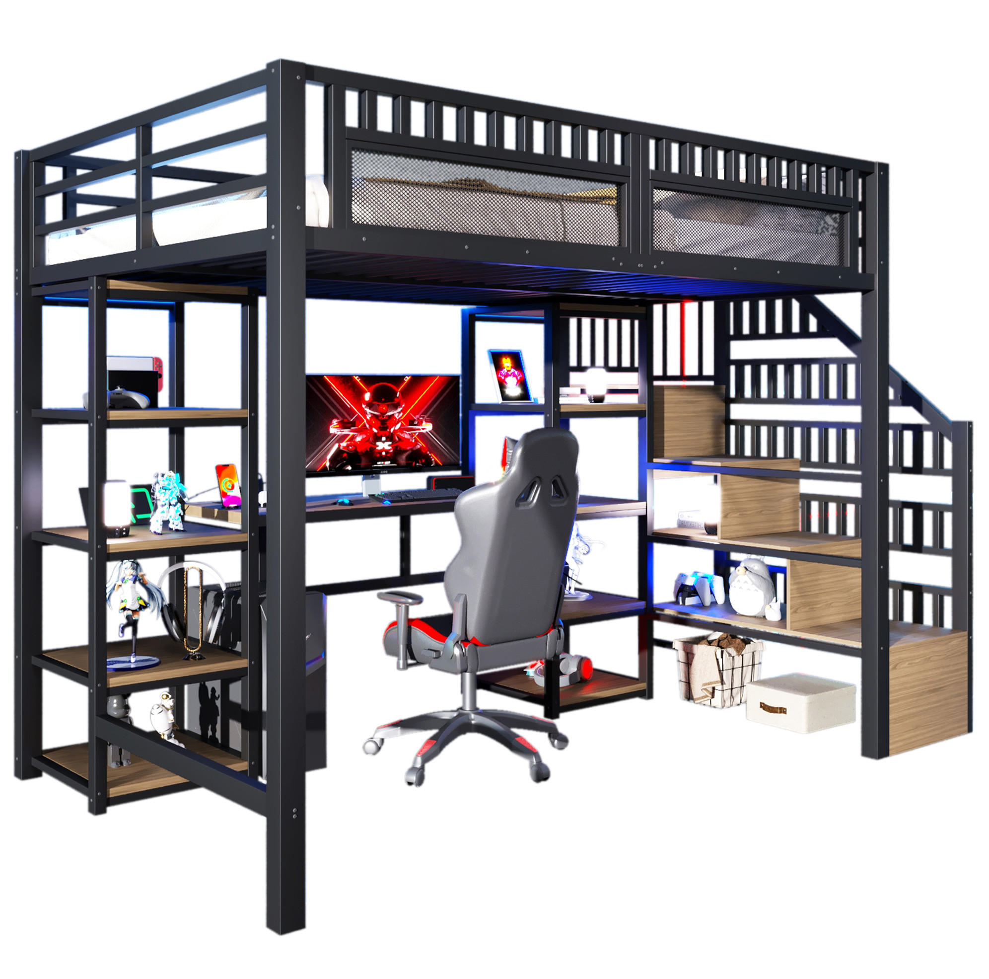HOCHBETT 140/200 cm Schwarz aus Metall mit Schreibtisch - Schwarz, Metall (140/200cm) - OKMYHOME