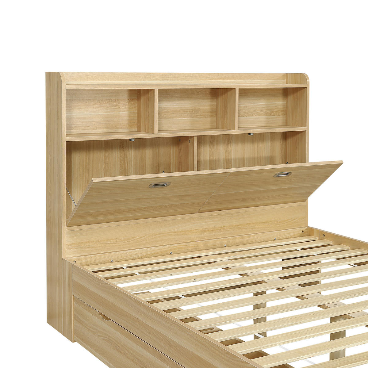 JUGENDBETT 140/200 cm in Naturfarben mit Stauraum, Kopfteilregal und Klapptisch aus Holz - Naturfarben, Holzwerkstoff - STILVORA