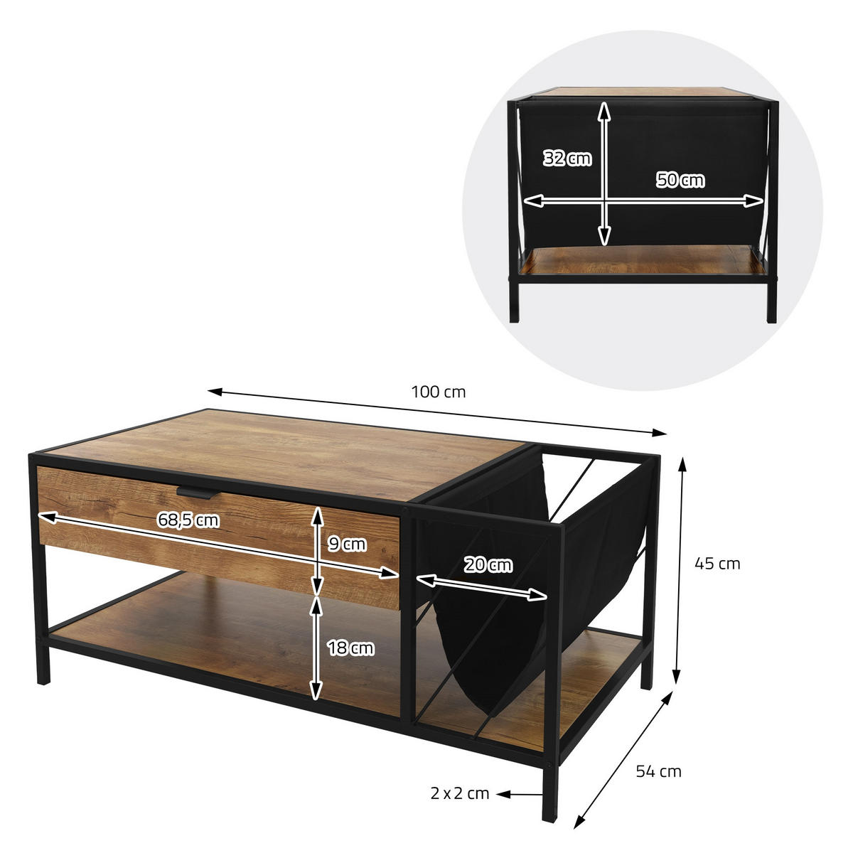 COUCHTISCH - Braun, Metall (54/100/45cm) - ML-DESIGN