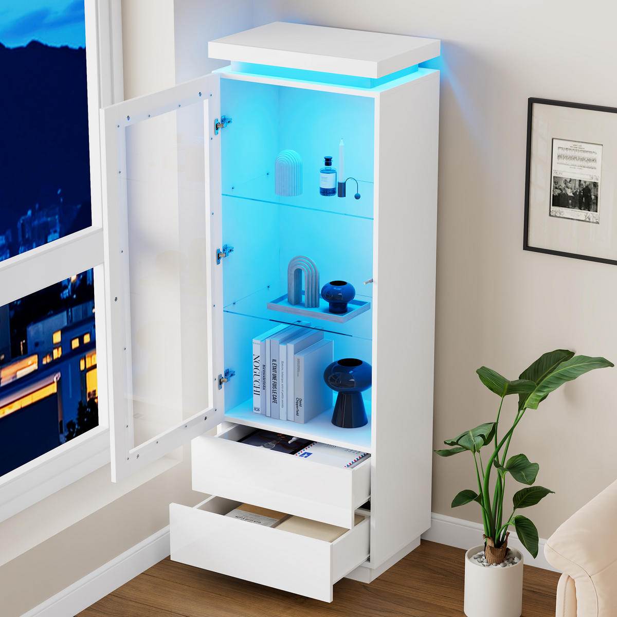 VITRINE in Weiß Hochschrank mit LED-Beleuchtung und 2 Schubladen für Wohnzimmer, B60/T40/H171cm - Transparent/Weiß, Glas/Holzwerkstoff (60/171/40cm) - STILVORA