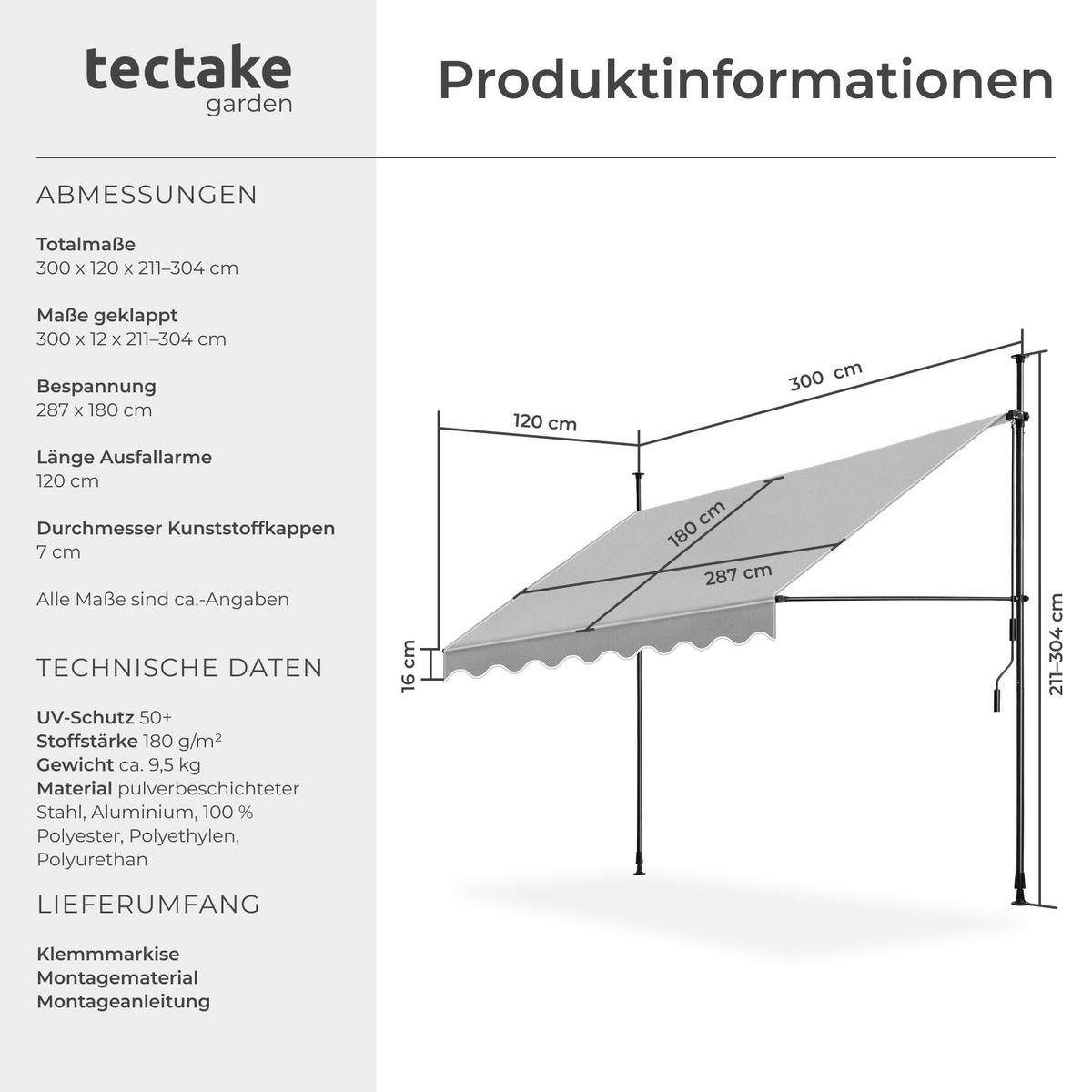 KLEMMMARKISE MIT HANDKURBEL , wasserabweisend, hellgrau - Hellgrau, Textil (300/304/180cm) - tectake