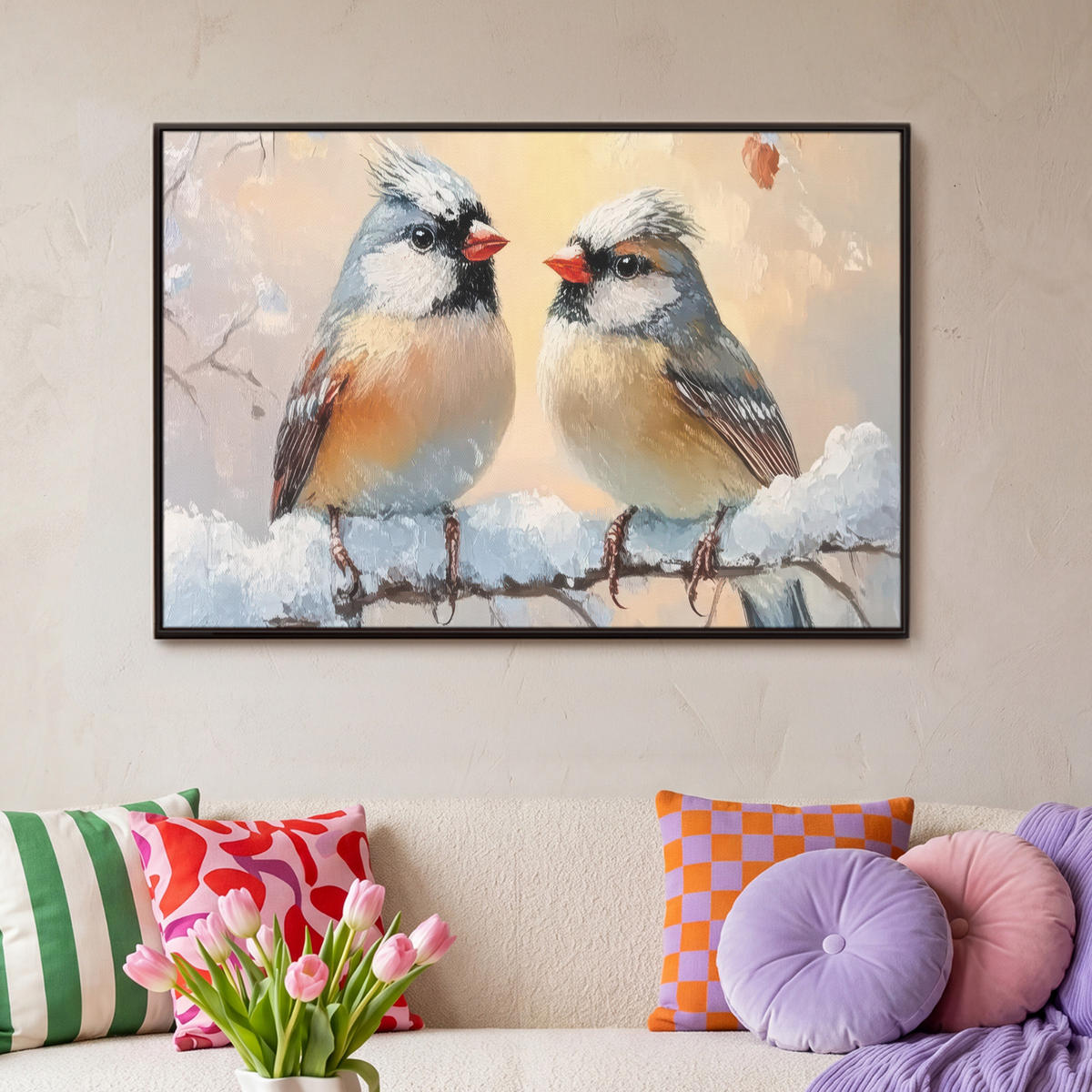 LEINWAND Bilder mit Rahmen - Vögel - Zweig - Winter - Schnee - 90x60 - Pastellblau, Textil (90/60cm) - MuchoWow