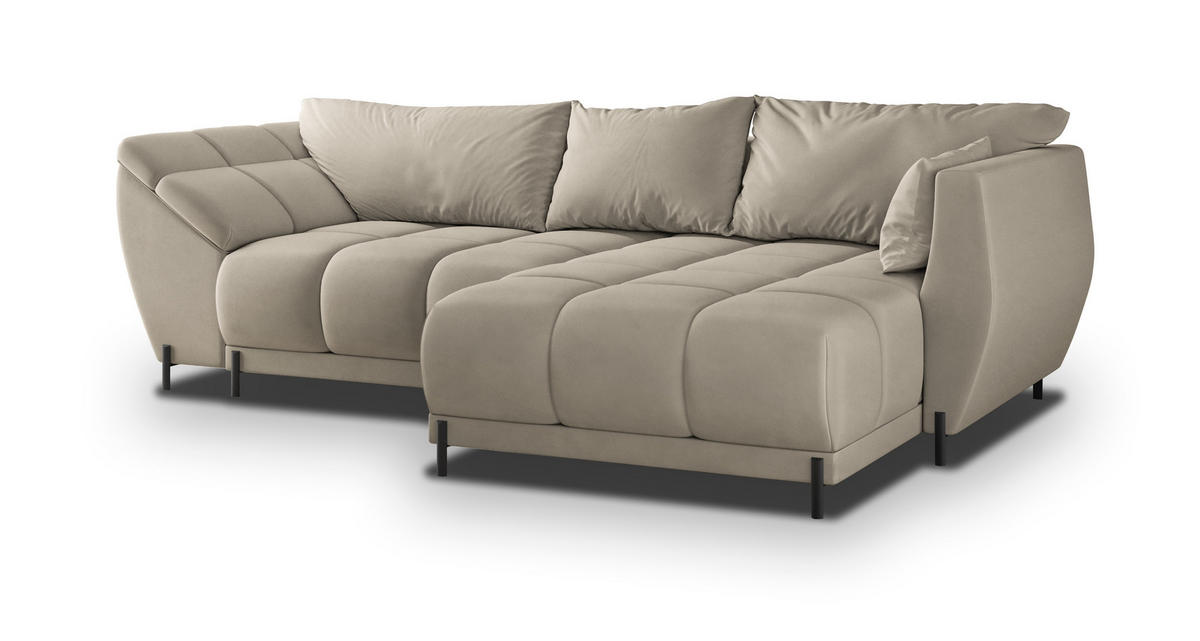 ECKSOFA VESTANO R-S Beige Velours-Stoff mit Schlaffunktion - Beige, Holz (287/182cm) - MASSENO