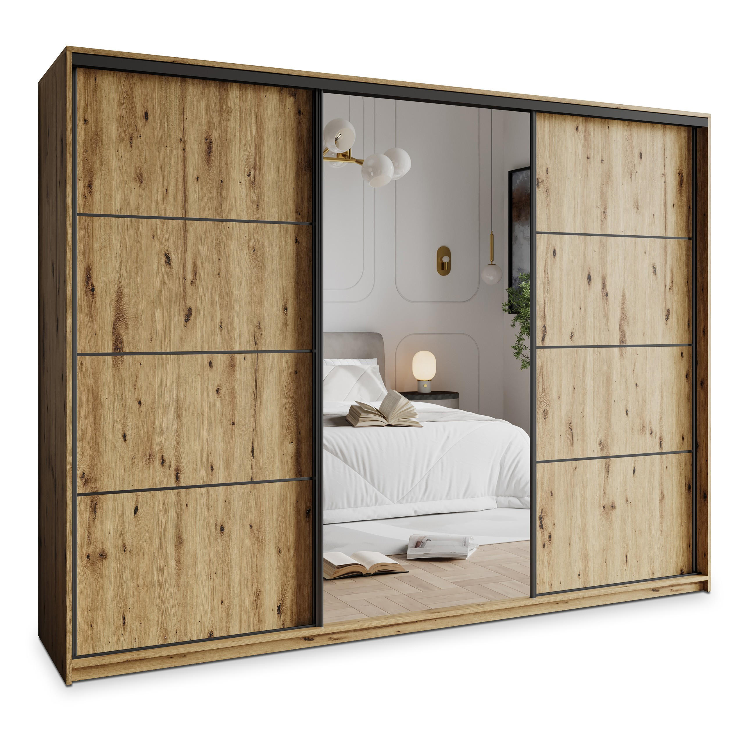 SCHWEBETÜRENSCHRANK VARO 250/205/60 cm 3-türig mit Spiegel und Schubladen Eiche Artisan - Schwarz/Eiche Artisan, Holzwerkstoff (250/205/60cm) - MASSENO
