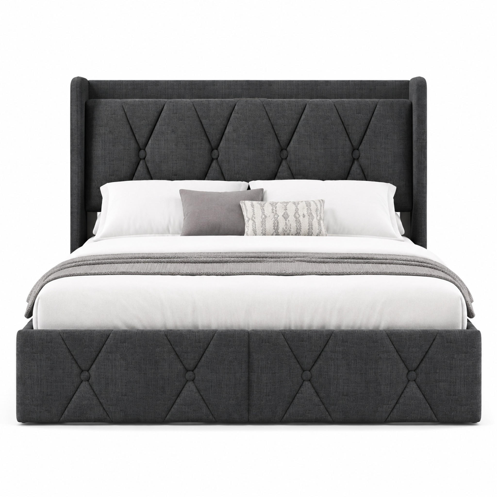 BETT mit USB und 4 Schubladen 140x200 cm Leinen Grau - Grau, Metall (140/200cm) - Meubliv