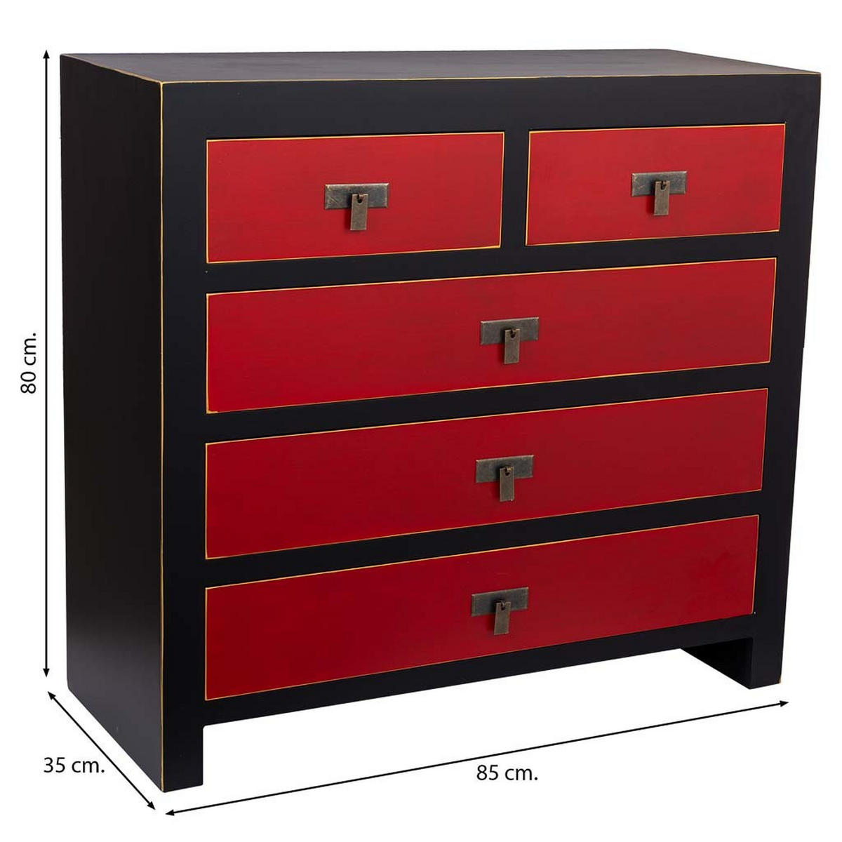 KOMMODE aus Holz mit 5 Schubladen 85x35x80 - Rot, Holz (85/80/35cm) - Wanderlust