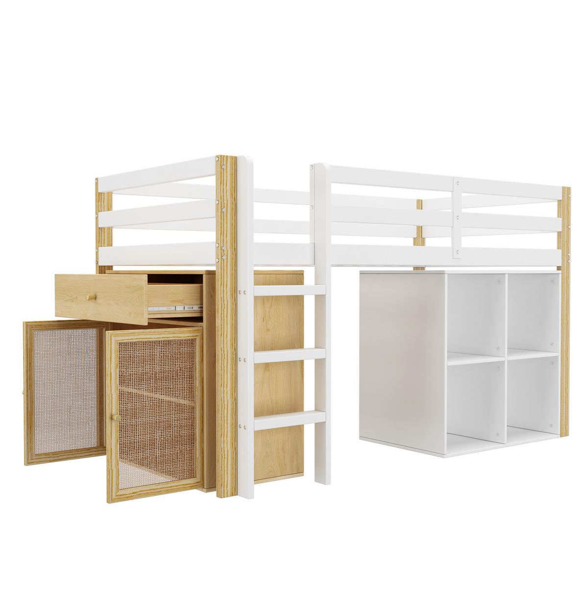 HOCHBETT 90/200 cm aus Massivholz mit 2 Aufbewahrungsschränken und Leiter Natur/Weiß - Weiß, Holz (90/200cm) - Modenvie