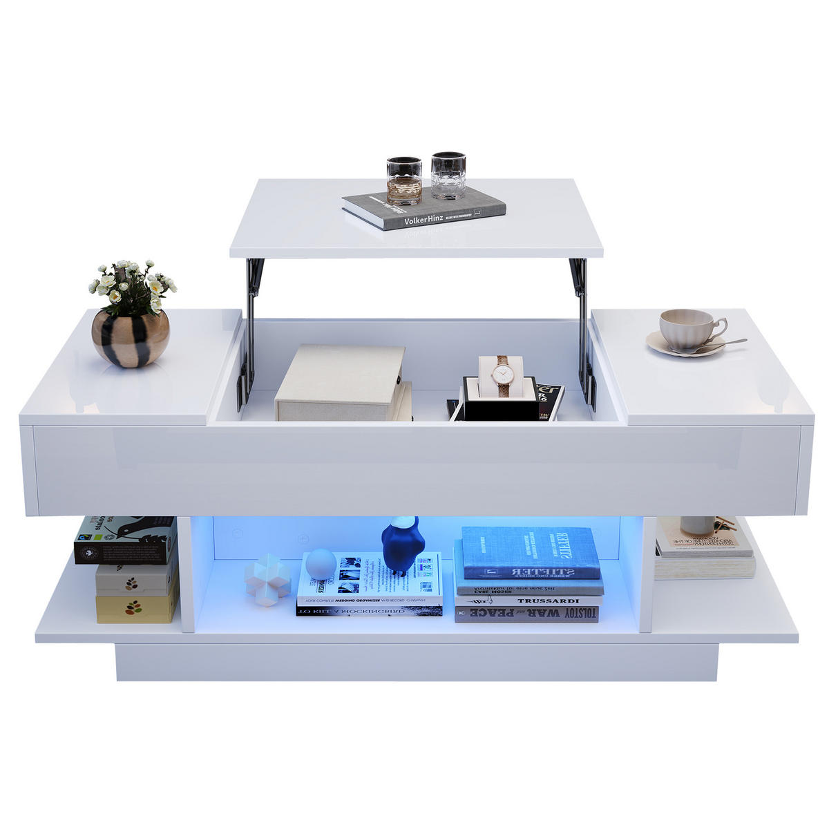 COUCHTISCH 98/45/40 cm höhenverstellbar mit LED, Stauraum und Lift-Tischplatte aus Spanplatte, Weiß - Weiß, Holzwerkstoff (98/45/40cm) - Redom
