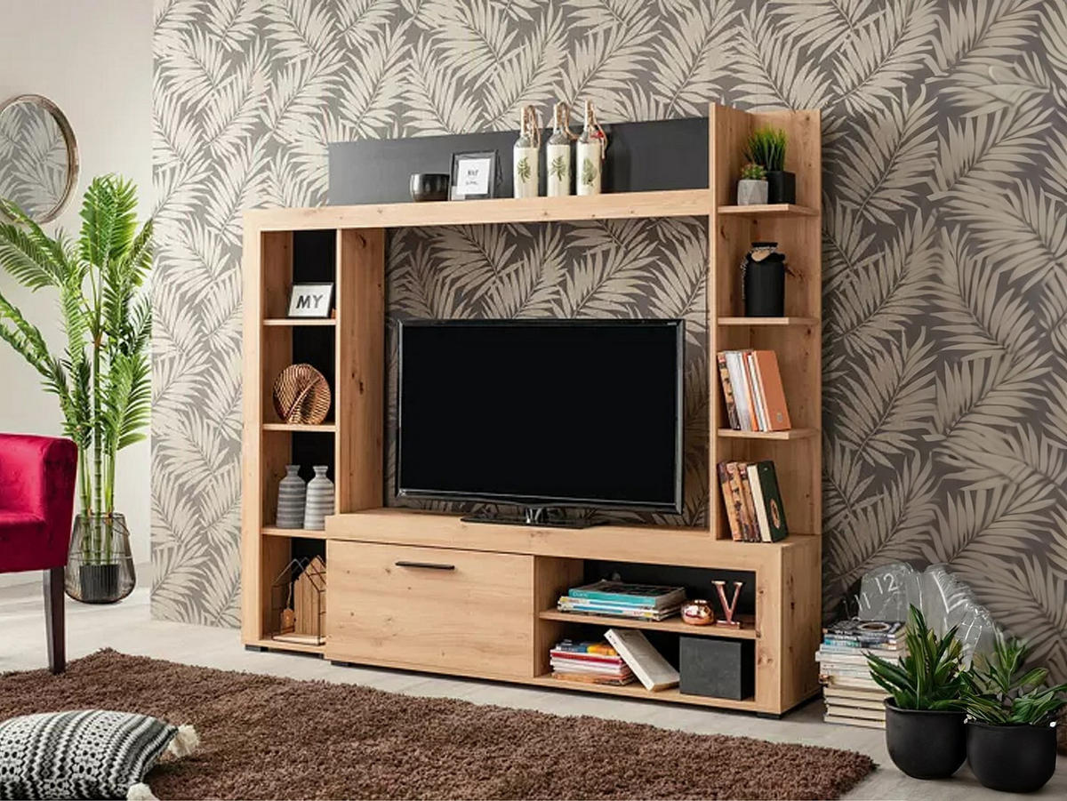 TV-WAND mit Stauraum - Eichefarben & Anthrazit - BALTIMORE - Anthrazit, Holz (172.5/157.5/33cm) - Vente-Unique