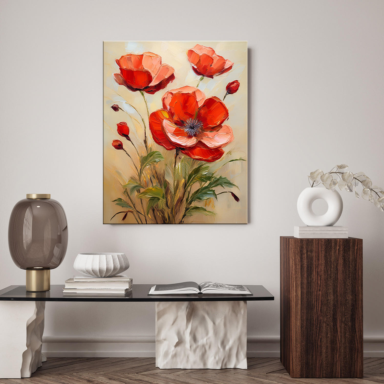 WANDBILD rote mohnblumen auf beigem hintergrund - Rot, Textil (40/60cm) - Feeby