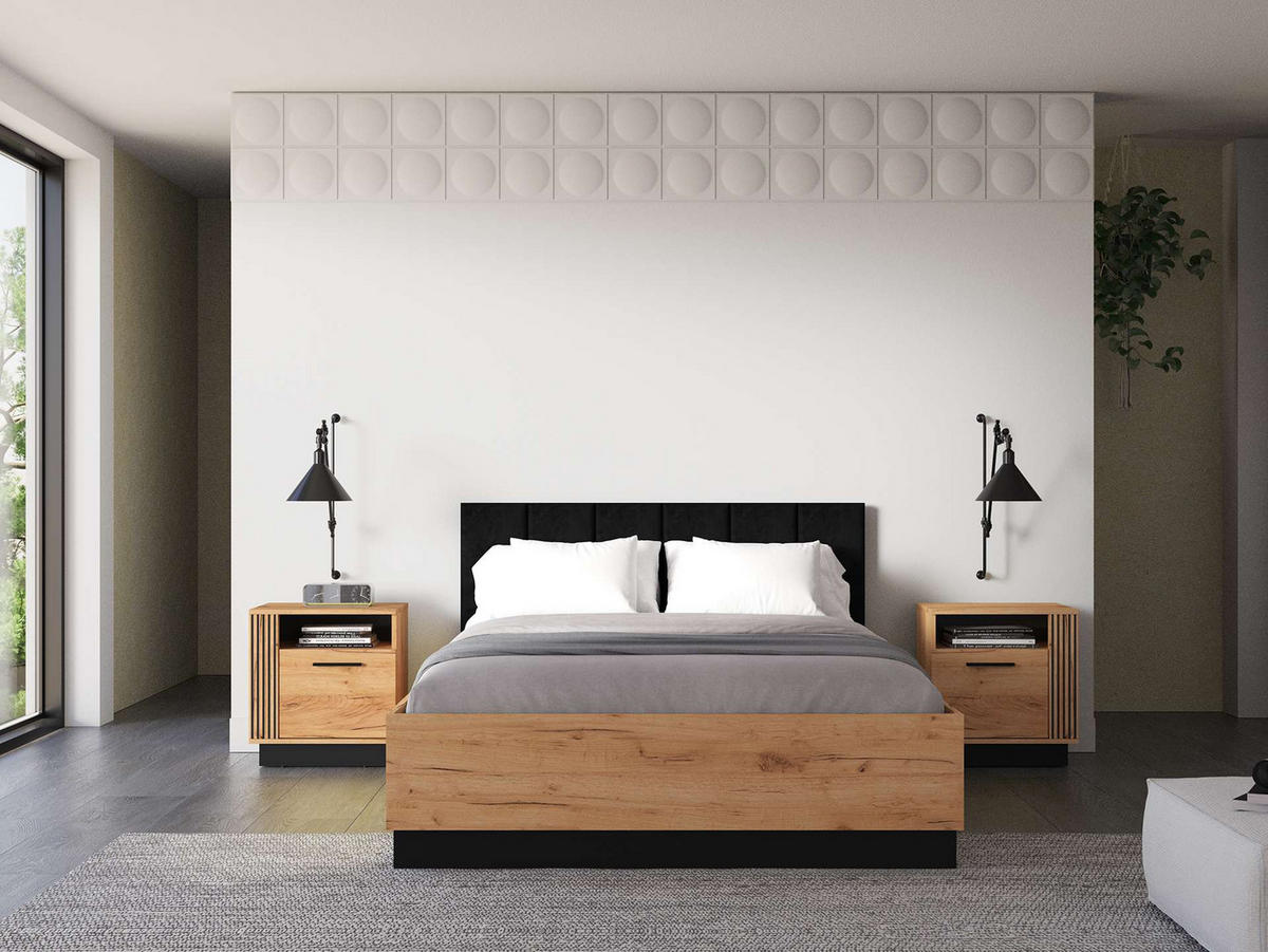 RAHMENBETT – 165 x 208 cm – Urso – BT-004 - Eichefarben/Schwarz, Holzwerkstoff - hi-markt
