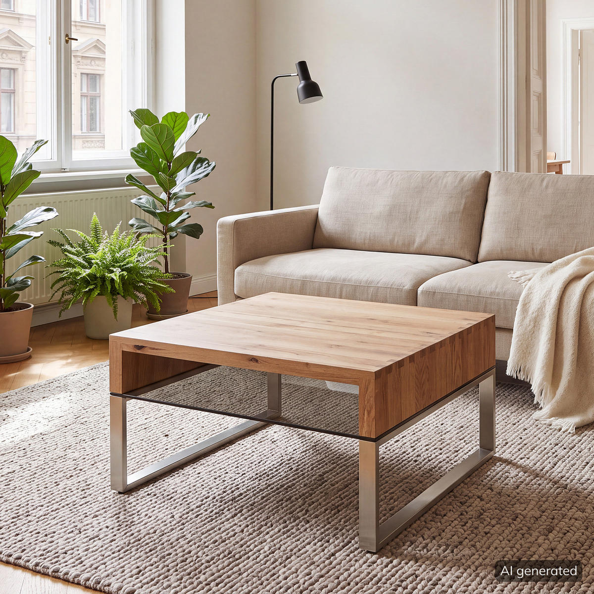 COUCHTISCH - Eiche massiv / Glas - Eiche / Silber - Braun, Holz/Metall (70/70/39cm) - home24