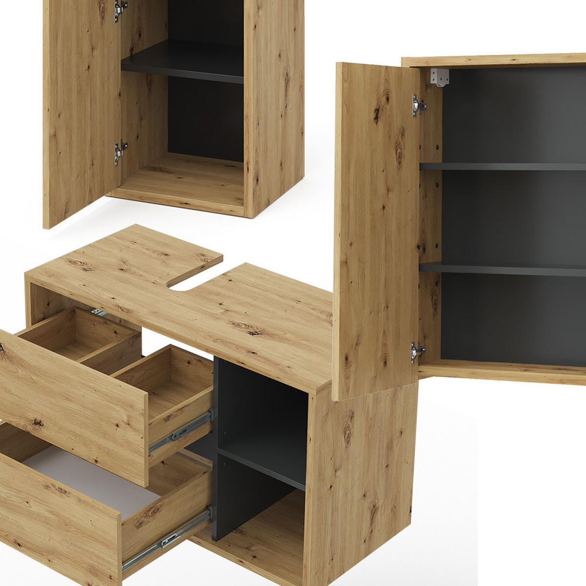 BADMÖBEL-SET Viola Braun 3 Teile, mit Midischrank - Anthrazit/Eiche Artisan, Holzwerkstoff (60/100/45cm) - Vicco