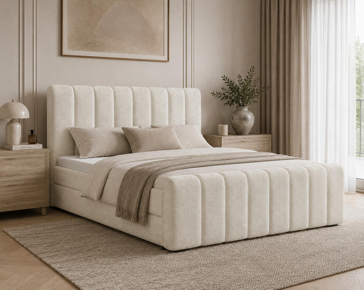 BOXBETT 01 BIS 160 x 200 cm - Vibe - Modernes Polsterbett mit Bettkasten inkl. PU-Schaum-Topper und Federmechanismus - Beige, Holz (160/200cm) - ROYAL24_MARKT