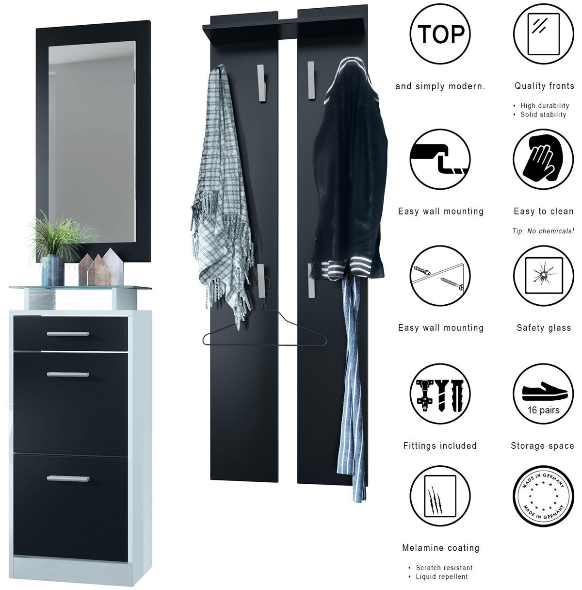 GARDEROBE Loret Front in Schwarz matt - Schwarz, Holzwerkstoff (140/200/23cm) - Vladon