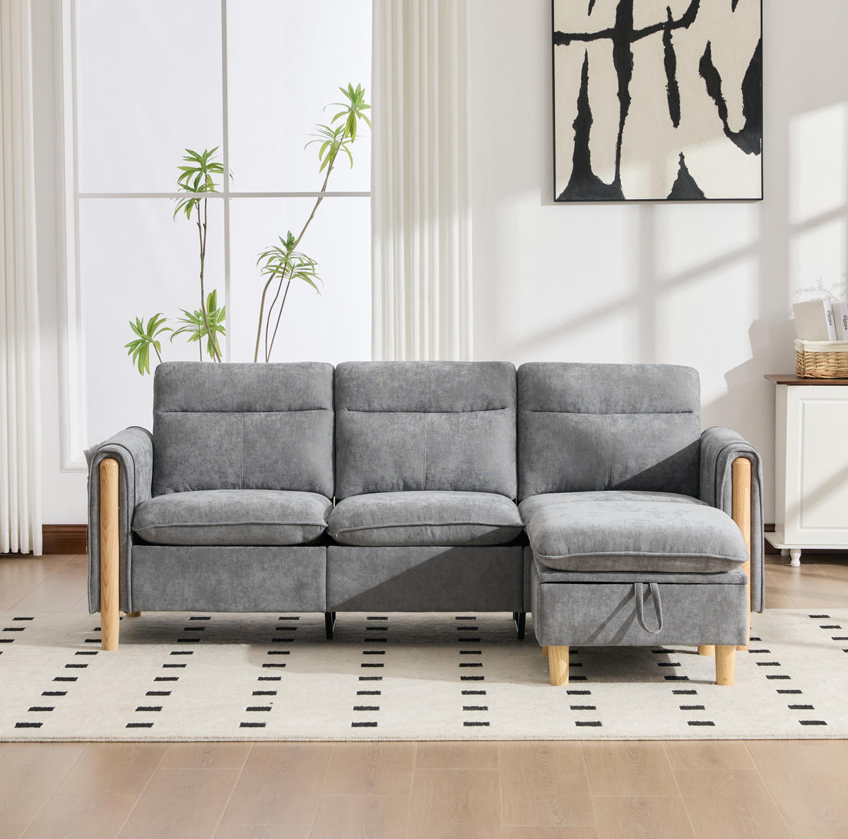SOFA mit Stauraumhocker L-Form 201 x 77 x 86 cm Chenille Hellgrau - Hellgrau, Holz (77/201cm) - Meubliv