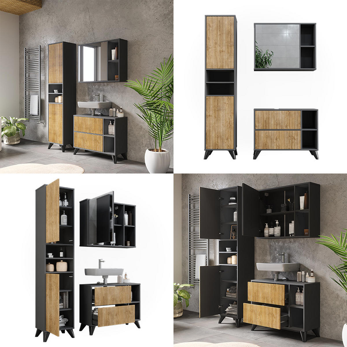 BADMÖBEL-SET Leano Anthrazit/Bergeiche 80 cm, Set 3 - Eichefarben/Anthrazit, Holzwerkstoff (80/62/30cm) - Vicco