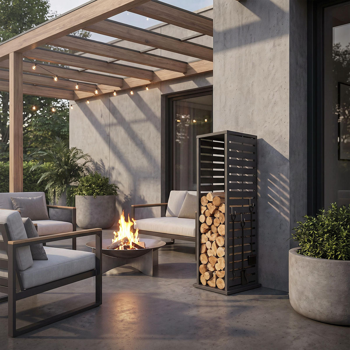 REGÁL NA DŘEVO Regál na palivové dřevo pro vnitřní i venkovní použití 37,5 × 37,5 × 112 cm, pozinkovaná ocel, antracitová barva, motiv štěrbin - antracitová, kov (37.5/112/37.5cm) - ML-DESIGN