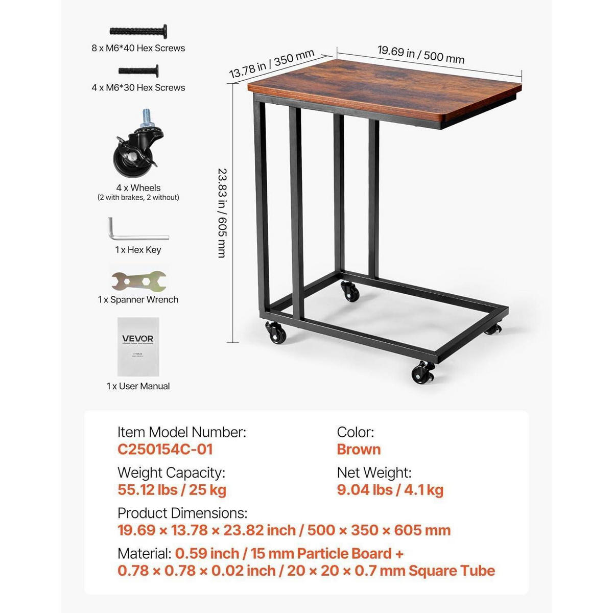 BEISTELLTISCH C-förmig rollbar Braun und Schwarz 500 x 350 x 605 mm - Braun, Holzwerkstoff (35/50/60.5cm)