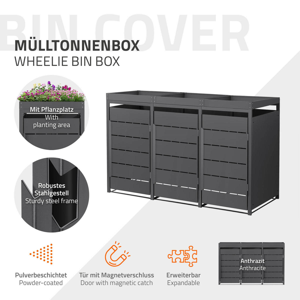 MÜLLTONNENBOX 3er mit Pflanzdach 240L 196x80x124 cm Anthrazit aus Stahl - Anthrazit, Metall (80/124/196cm) - ML-DESIGN