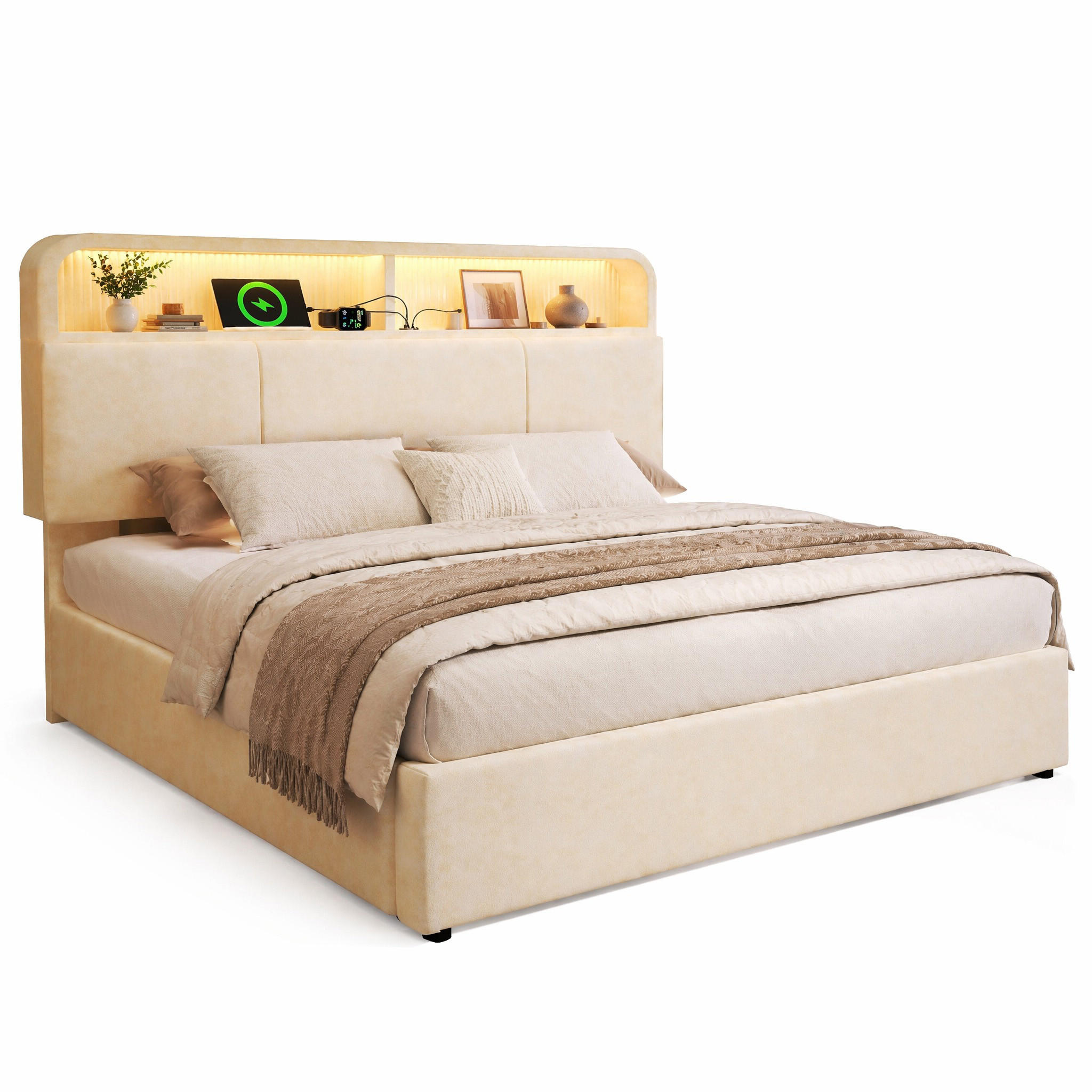 POLSTERBETT 180/200 cm in Beige mit Bettkasten, LED und USB/Type-C Samt - Beige, Holzwerkstoff/Textil (180/200cm) - STILVORA