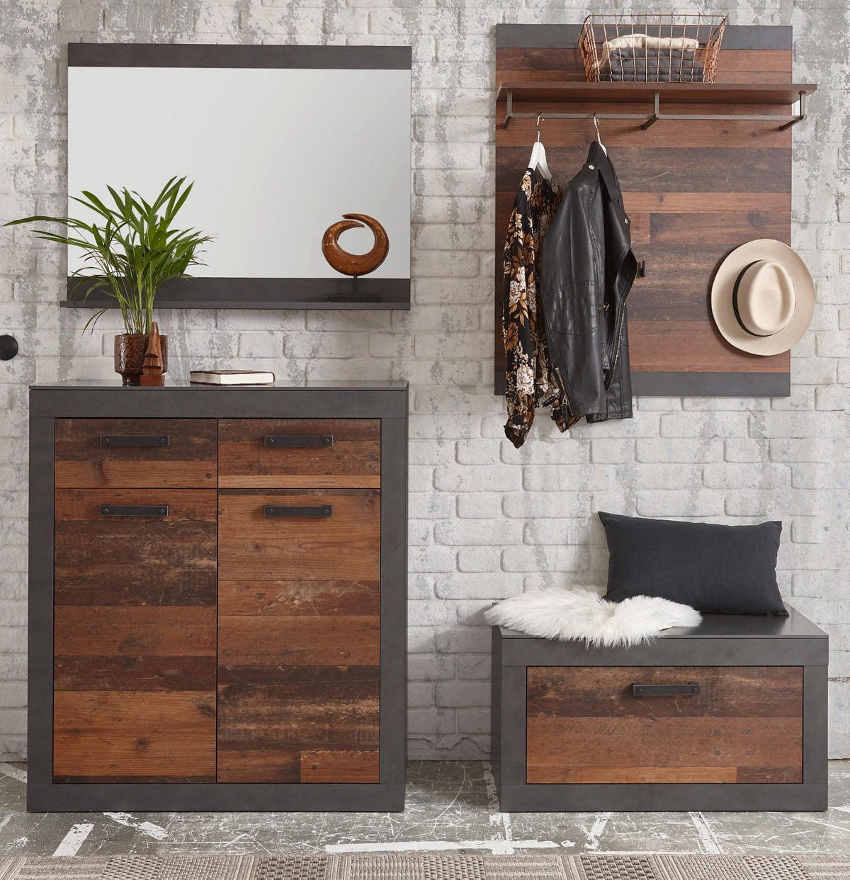 GARDEROBE Set 4-teilig Used Wood Shabby, Matera grau 192 cm - Silberfarben/Naturfarben, Glas/Holzwerkstoff (192/200/40cm) - Furn.Design