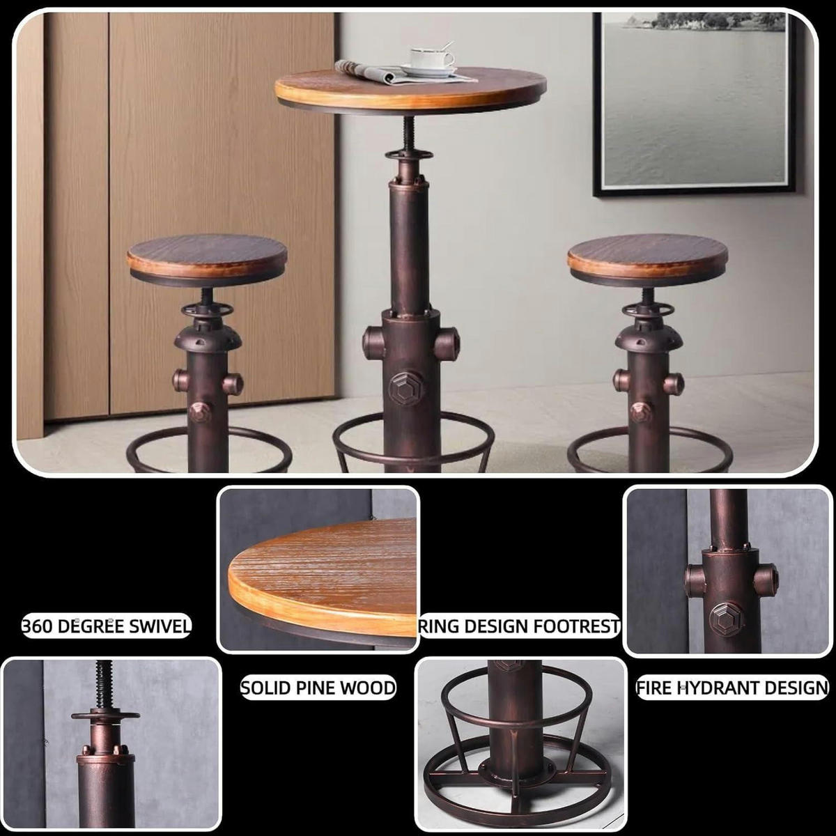 BARTISCH Vintage Hydrant Design höhenverstellbar 97-112 cm - Braun, Holz (60.2/60.2/112.8cm)