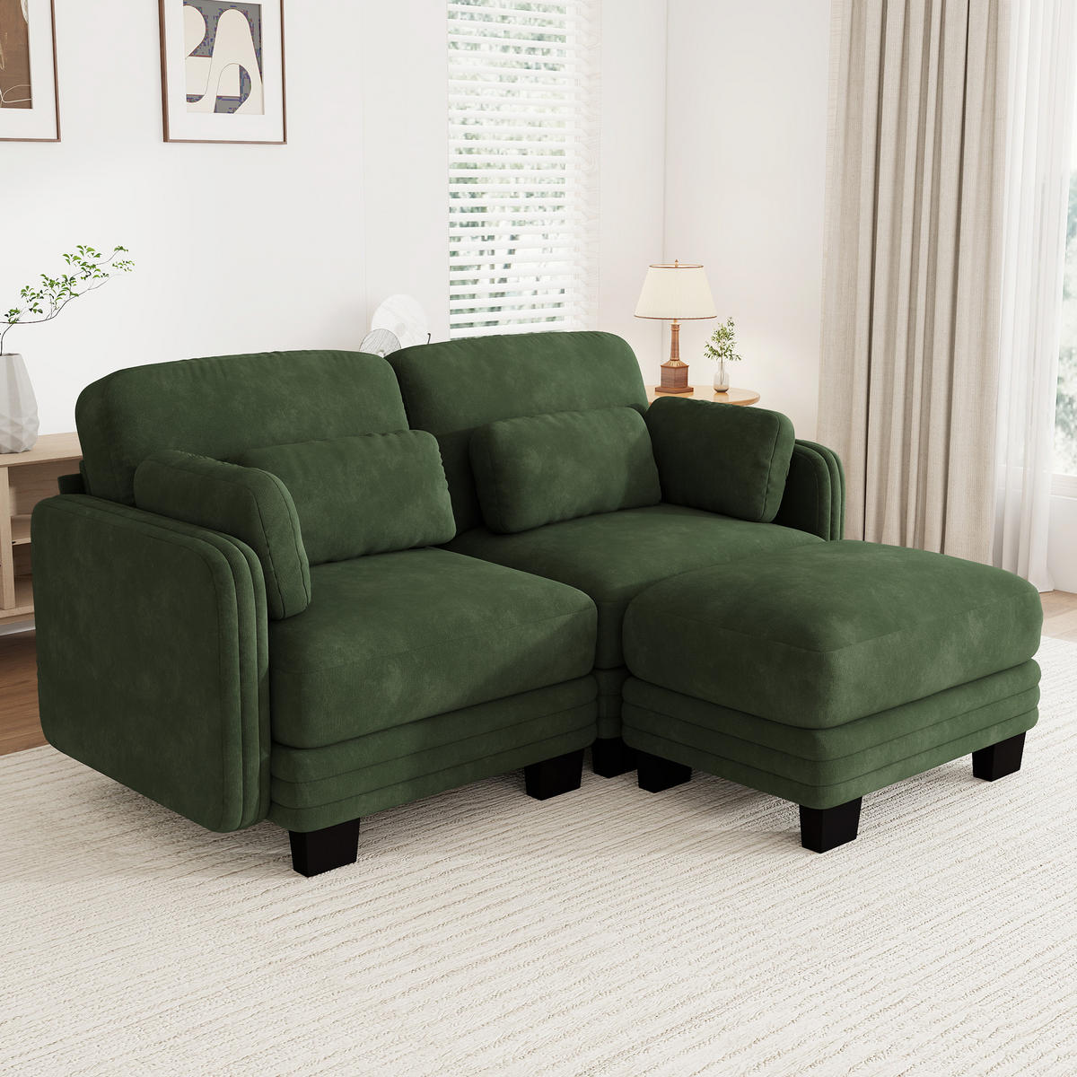 ECKSOFA 2-Sitzer L-Form mit Ottomane, DE-42686, Grün - Grün, Holz (176/143cm) - ComfortXL