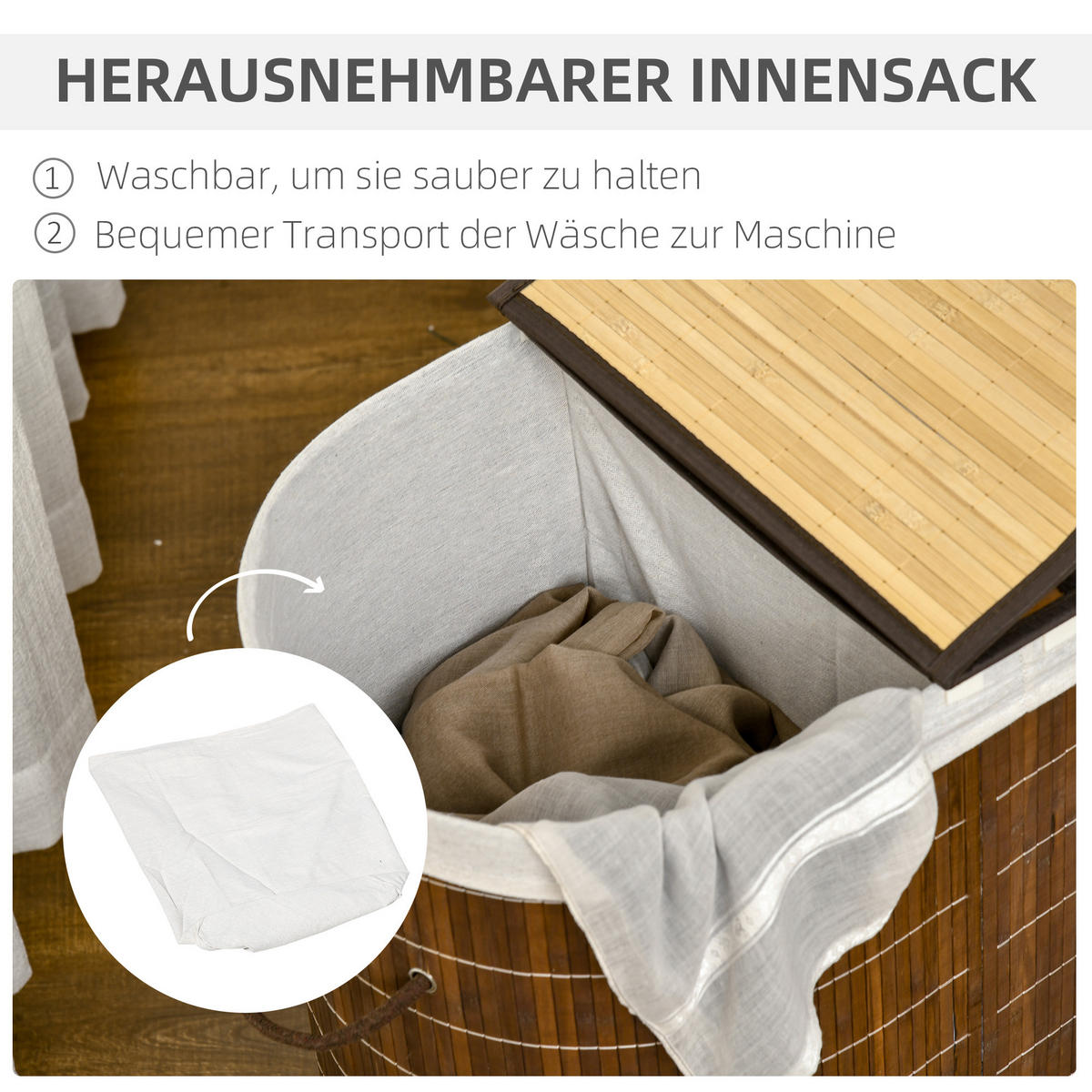 WÄSCHEKORB, Bambus, Polyester, Braun - Braun, Naturmaterialien (37/60.5/62.5cm) - HOMCOM
